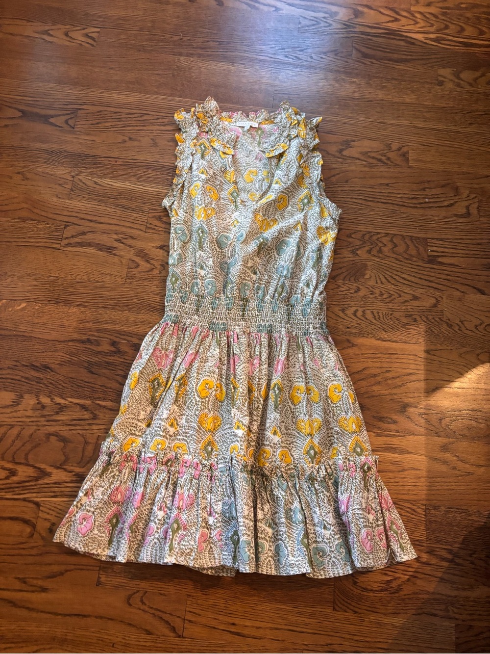 Sleeveless Floral Ruffle Casual Dress in Yellow, Pink & Blue